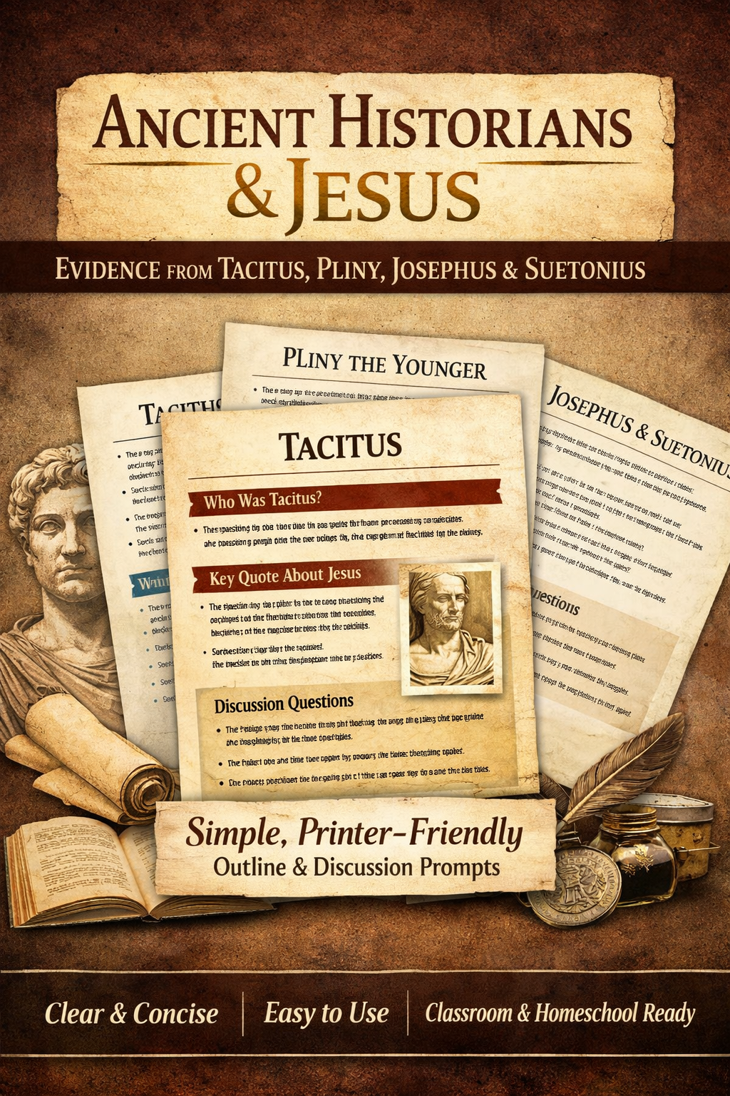 Promotional image for a Christian history study resource titled “Christianity in History: Tacitus, Pliny the Younger, Josephus, and Suetonius.” The design features aged parchment-style pages labeled Tacitus, Pliny the Younger, Josephus, and Suetonius, arranged over a warm brown background with Roman-era elements like a scroll, quill, and classical bust illustration. Text highlights that the resource is simple, printer-friendly, and includes an outline with discussion prompts suitable for classroom and homeschool use.
